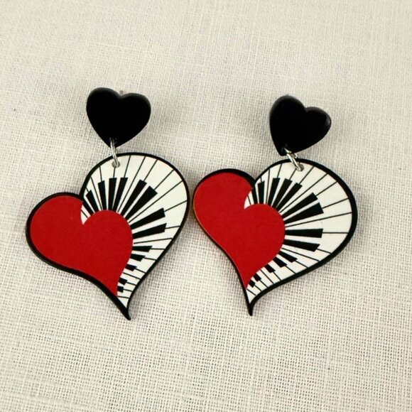 Piano Heart Earrings Black Red Music Lover Acrylic Dangle Earrings - Picture 2 of 8